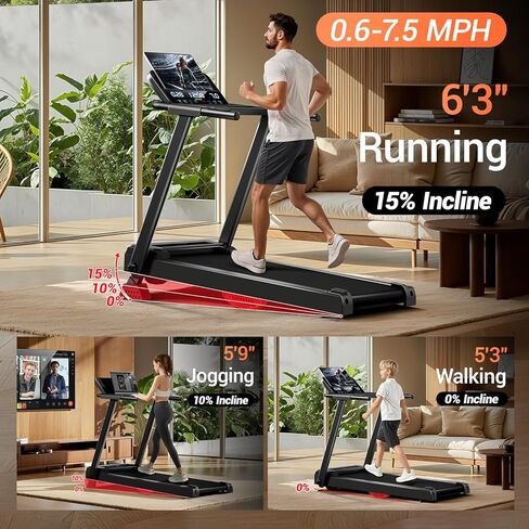 UMAY جهاز مشي مائل 15% للمنزل | مراقبة معدل ضربات القلب و3 شاشات LED، أجهزة مشي محمولة بسعة تصل إلى 300 رطل، وسادة المشي 0.6-7.5 ميل في الساعة in Kuwait