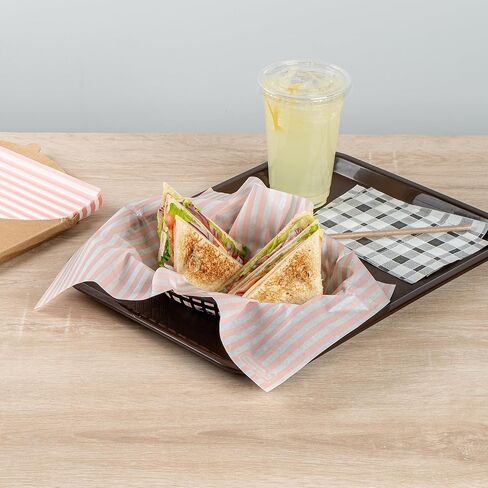Restaurantware-RW Base 15 x 11 Inch Deli Papers, 200 Greaseproof Sandwich Wrapping Papers - No Added PFAS, Striped Design, Pink And White Paper Food Basket Liners, Microwavable, Pre-Cut Style in Saudi Arabia