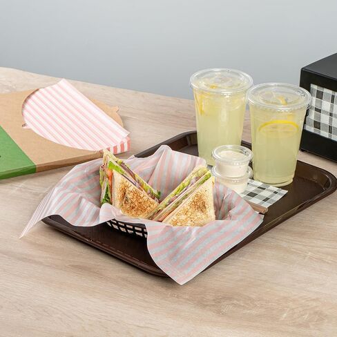 Restaurantware-RW Base 15 x 11 Inch Deli Papers, 200 Greaseproof Sandwich Wrapping Papers - No Added PFAS, Striped Design, Pink And White Paper Food Basket Liners, Microwavable, Pre-Cut Style in Saudi Arabia