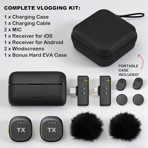 BSONE Wireless Lavalier Microphone for iPhone & Android, Clip-On Mini Mic with Charging Case, Rechargeable Professional Lapel Mics for Vlogging, Video Recording, Content Creators, YouTube, TikTok in Kuwait