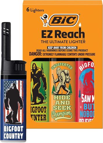 BIC EZ Reck Lighter ، أخف وزناً في نهاية المطاف مع العصا للشموع ، Bigfoot ، تصميمات متنوعة ، 6 حزمة من الولاعات in Kuwait