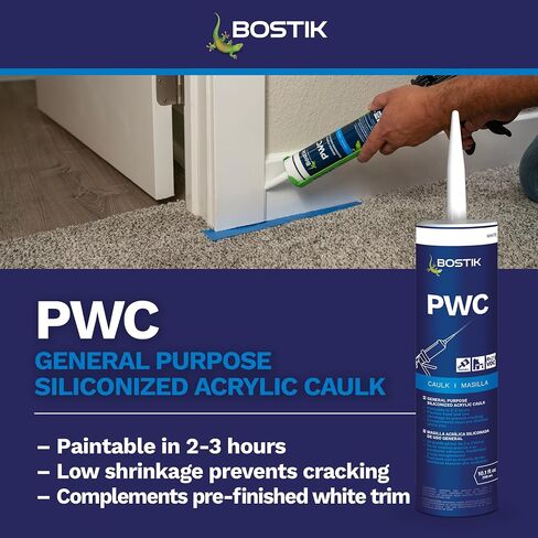 BOSTIK PWC White 10.1oz السد السيليكوني القابل للطلاء للأغراض العامة | الدرجة المهنية | الاستخدام المنزلي الداخلي والخارجي على الديكورات والقوالب والأبواب والنوافذ وأسطح العمل والحجر والمزيد | 1 خرطوشة in Kuwait