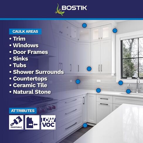 BOSTIK PWC White 10.1oz السد السيليكوني القابل للطلاء للأغراض العامة | الدرجة المهنية | الاستخدام المنزلي الداخلي والخارجي على الديكورات والقوالب والأبواب والنوافذ وأسطح العمل والحجر والمزيد | 1 خرطوشة in Kuwait