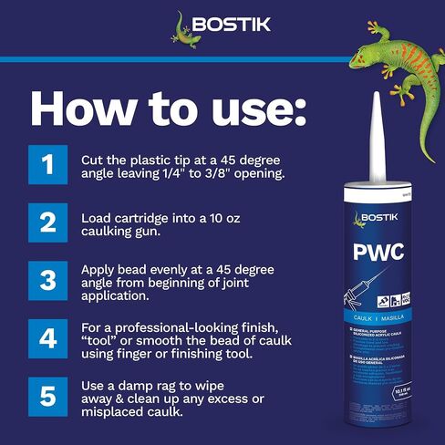 BOSTIK PWC White 10.1oz السد السيليكوني القابل للطلاء للأغراض العامة | الدرجة المهنية | الاستخدام المنزلي الداخلي والخارجي على الديكورات والقوالب والأبواب والنوافذ وأسطح العمل والحجر والمزيد | 1 خرطوشة in Kuwait