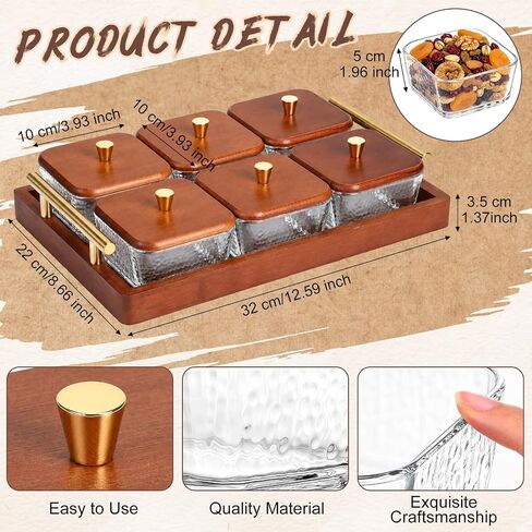Domensi 6 Glass Snackle Box with Wood Tray and Lids Dry Fruit Container Jars Divided Serving Snack Tray with Gold Handles, Snackle Box Container Platter for Candy, Condiments Home Entertaining in Kuwait