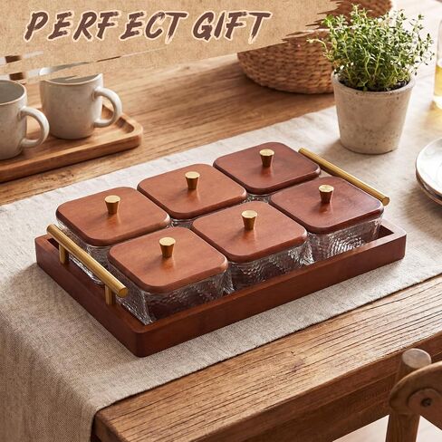 Domensi 6 Glass Snackle Box with Wood Tray and Lids Dry Fruit Container Jars Divided Serving Snack Tray with Gold Handles, Snackle Box Container Platter for Candy, Condiments Home Entertaining in Kuwait