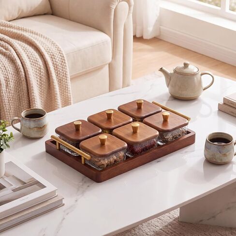 Domensi 6 Glass Snackle Box with Wood Tray and Lids Dry Fruit Container Jars Divided Serving Snack Tray with Gold Handles, Snackle Box Container Platter for Candy, Condiments Home Entertaining in Kuwait