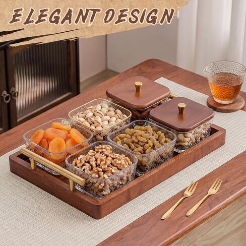 Domensi 6 Glass Snackle Box with Wood Tray and Lids Dry Fruit Container Jars Divided Serving Snack Tray with Gold Handles, Snackle Box Container Platter for Candy, Condiments Home Entertaining in Kuwait