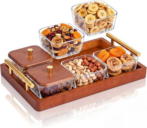 Domensi 6 Glass Snackle Box with Wood Tray and Lids Dry Fruit Container Jars Divided Serving Snack Tray with Gold Handles, Snackle Box Container Platter for Candy, Condiments Home Entertaining in Kuwait