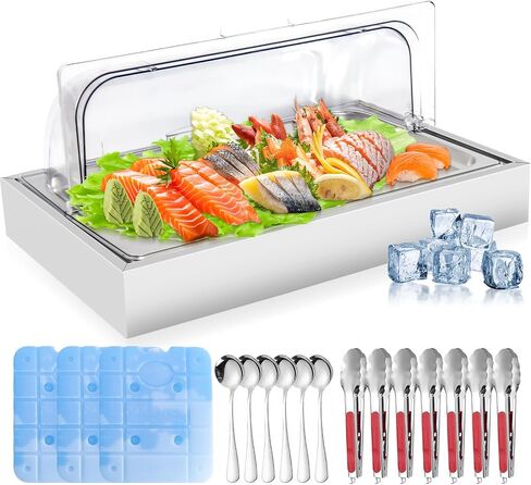 Ice Food Serving Display Tray, Portable Salad Bar Buffet Station for Home, Cold Food Buffet Server with Clear Roll Top Cover, Chilled Serving Trays for Parties, Hotel Kitchen,3 Ice Packs, 1 x 1 Pan in Kuwait