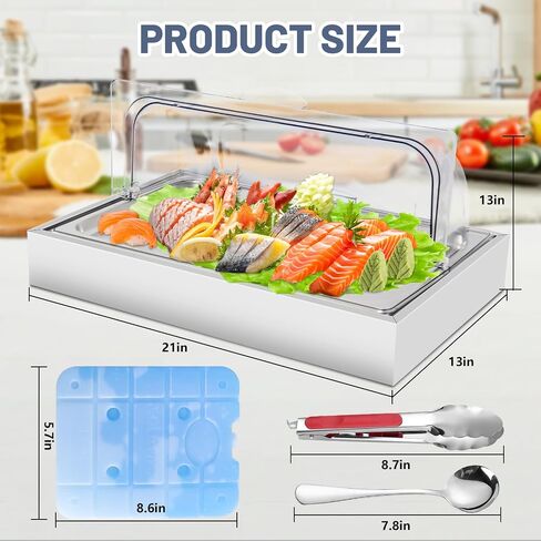Ice Food Serving Display Tray, Portable Salad Bar Buffet Station for Home, Cold Food Buffet Server with Clear Roll Top Cover, Chilled Serving Trays for Parties, Hotel Kitchen,3 Ice Packs, 1 x 1 Pan in Kuwait