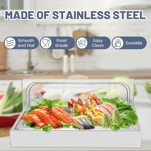 Ice Food Serving Display Tray, Portable Salad Bar Buffet Station for Home, Cold Food Buffet Server with Clear Roll Top Cover, Chilled Serving Trays for Parties, Hotel Kitchen,3 Ice Packs, 1 x 1 Pan in Kuwait