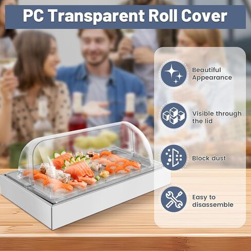 Ice Food Serving Display Tray, Portable Salad Bar Buffet Station for Home, Cold Food Buffet Server with Clear Roll Top Cover, Chilled Serving Trays for Parties, Hotel Kitchen,3 Ice Packs, 1 x 1 Pan in Kuwait
