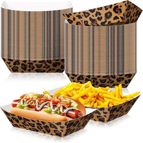 Yinkin 100 Pcs 2lb Leopard Print Paper Food Trays Boats Jungle Animal Disposable Paper Trays Nacho Boats for Burger Fries Tacos BBQ for Baby Shower Wild Animal Jungle Party Safari in Kuwait