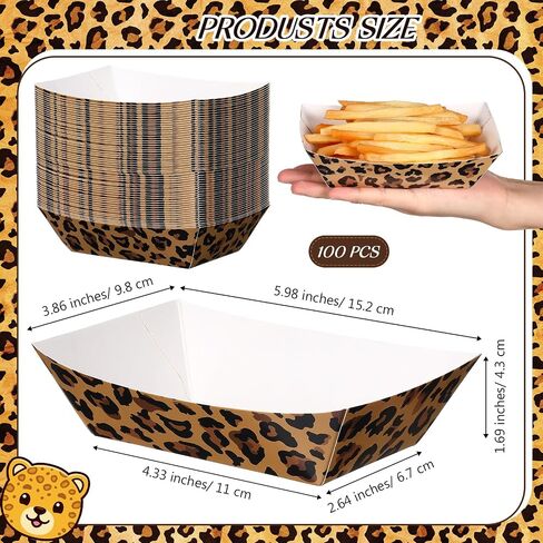 Yinkin 100 Pcs 2lb Leopard Print Paper Food Trays Boats Jungle Animal Disposable Paper Trays Nacho Boats for Burger Fries Tacos BBQ for Baby Shower Wild Animal Jungle Party Safari in Kuwait