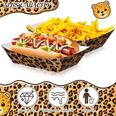 Yinkin 100 Pcs 2lb Leopard Print Paper Food Trays Boats Jungle Animal Disposable Paper Trays Nacho Boats for Burger Fries Tacos BBQ for Baby Shower Wild Animal Jungle Party Safari in Kuwait