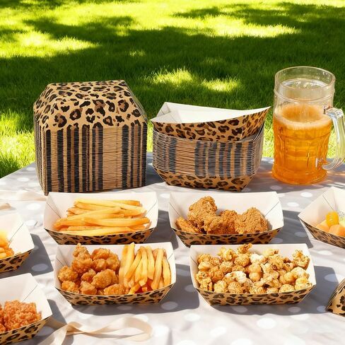 Yinkin 100 Pcs 2lb Leopard Print Paper Food Trays Boats Jungle Animal Disposable Paper Trays Nacho Boats for Burger Fries Tacos BBQ for Baby Shower Wild Animal Jungle Party Safari in Kuwait