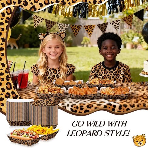 Yinkin 100 Pcs 2lb Leopard Print Paper Food Trays Boats Jungle Animal Disposable Paper Trays Nacho Boats for Burger Fries Tacos BBQ for Baby Shower Wild Animal Jungle Party Safari in Kuwait