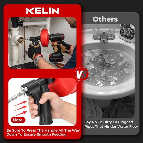مجموعة أدوات التصريف 6 في 1 من KELIN، ثعبان سباكة مزدوج الوضع بطول 33 قدمًا مع محول مثقاب، يدوي أو يعمل بالطاقة، يتضمن مزيل الشعر، أداة مخلب، فرشاة، وقفازات وحقيبة لحوض المطبخ والحمام in Kuwait