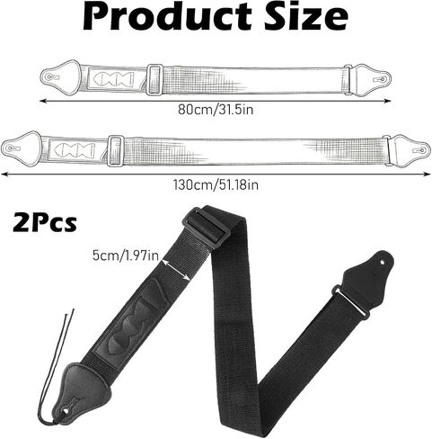 2 PCS Guitar Straps 2 Inch Black Bass Guitar Strap, Acoustic Electric Guitars Straps Adjustable Leather Ends, Comfortable Ukulele Strap for All Guitars Easy to Install in Saudi Arabia