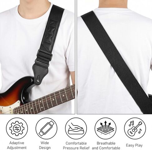 2 PCS Guitar Straps 2 Inch Black Bass Guitar Strap, Acoustic Electric Guitars Straps Adjustable Leather Ends, Comfortable Ukulele Strap for All Guitars Easy to Install in Saudi Arabia