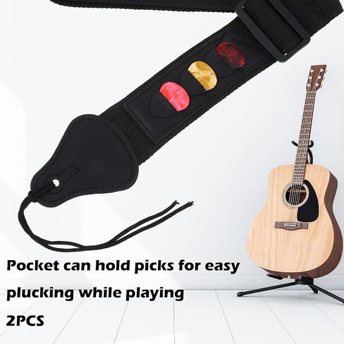 2 PCS Guitar Straps 2 Inch Black Bass Guitar Strap, Acoustic Electric Guitars Straps Adjustable Leather Ends, Comfortable Ukulele Strap for All Guitars Easy to Install in Saudi Arabia