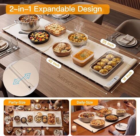 Food Warming Mat Extra Large-MIXVOVA 42"X16" Extendable Electric Food Warmer with 7 Temperature & 6 Timer Settings,Child Lock,2-Piece Silicone Warming Trays for Buffets,Parties and Home in Kuwait