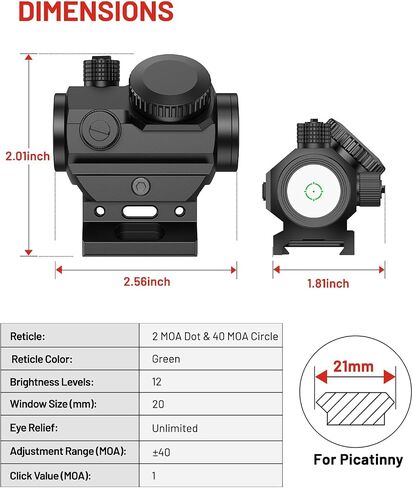EZshoot 2 MOA Dot & 40 MOA Circle Green Dot Sight, Multi-Reticle Motion Awake Scope, 1x20mm 12 Brightness Compact Optics for Hunting, with Lower 1/3 Co-Witness Mount for Picatinny, IPX7 Waterproof in Saudi Arabia