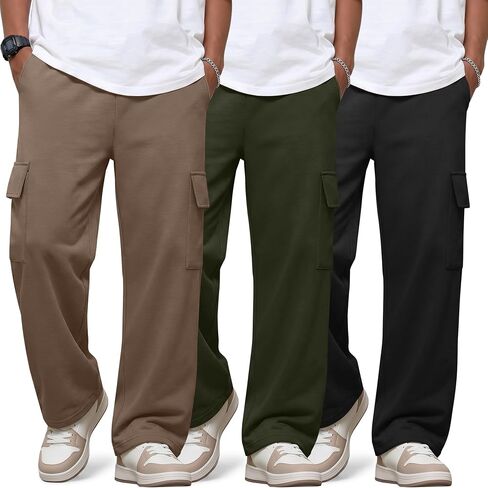 3 Pack Boys' Sweatpants Wide Leg Baggy Cargo Pants with 4 Pockets Kids Elastic Waist Straight Loose Joggers in Saudi Arabia