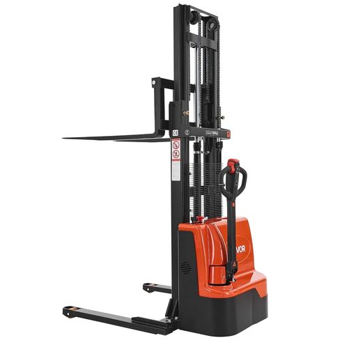 VEVOR Full Electric Pallet Stacker, 3300 lbs Capacity, 98.4'' Lifting Height, Pallet Lift Stacker Forklift with Straddle Legs & Forks, 8.66-31.1 Inches Adjustable Fork Width, Orange & Black in Kuwait