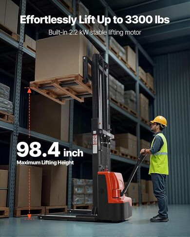 VEVOR Full Electric Pallet Stacker, 3300 lbs Capacity, 98.4'' Lifting Height, Pallet Lift Stacker Forklift with Straddle Legs & Forks, 8.66-31.1 Inches Adjustable Fork Width, Orange & Black in Kuwait