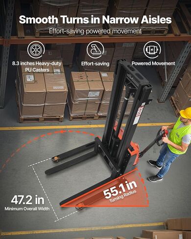 VEVOR Full Electric Pallet Stacker, 3300 lbs Capacity, 98.4'' Lifting Height, Pallet Lift Stacker Forklift with Straddle Legs & Forks, 8.66-31.1 Inches Adjustable Fork Width, Orange & Black in Kuwait