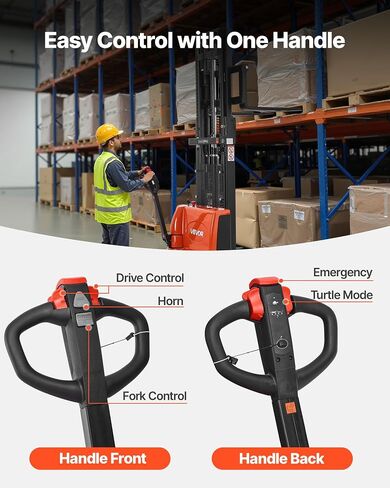 VEVOR Full Electric Pallet Stacker, 3300 lbs Capacity, 98.4'' Lifting Height, Pallet Lift Stacker Forklift with Straddle Legs & Forks, 8.66-31.1 Inches Adjustable Fork Width, Orange & Black in Kuwait