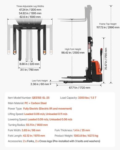 VEVOR Full Electric Pallet Stacker, 3300 lbs Capacity, 98.4'' Lifting Height, Pallet Lift Stacker Forklift with Straddle Legs & Forks, 8.66-31.1 Inches Adjustable Fork Width, Orange & Black in Kuwait