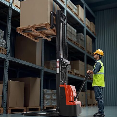 VEVOR Full Electric Pallet Stacker, 3300 lbs Capacity, 98.4'' Lifting Height, Pallet Lift Stacker Forklift with Straddle Legs & Forks, 8.66-31.1 Inches Adjustable Fork Width, Orange & Black in Kuwait