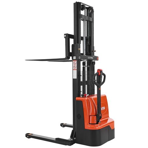 VEVOR Full Electric Pallet Stacker, 3300 lbs Capacity, 98.4'' Lifting Height, Pallet Lift Stacker Forklift with Straddle Legs & Forks, 8.66-31.1 Inches Adjustable Fork Width, Orange & Black in Kuwait