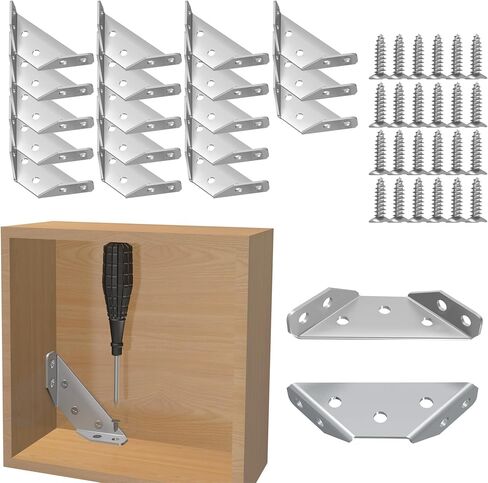 24 Pcs Stainless Steel Corner Brackets with Screws, Angle Connectors for Wood Furniture, Shelves, Chairs, Drawers, Cabinets in Kuwait