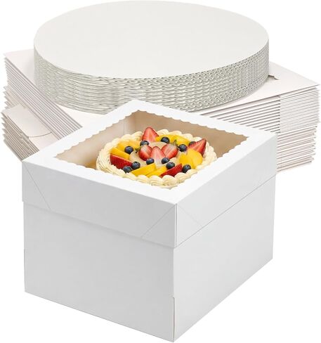 CRUGLA 15 Pack 10x10x8 Cake Boxes with Cake Boards, White Bakery Window Boxes, Tall Dessert Carrier for Birthdays, Weddings & Bake Sales in Kuwait