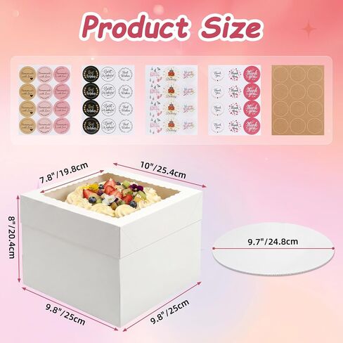 CRUGLA 15 Pack 10x10x8 Cake Boxes with Cake Boards, White Bakery Window Boxes, Tall Dessert Carrier for Birthdays, Weddings & Bake Sales in Kuwait