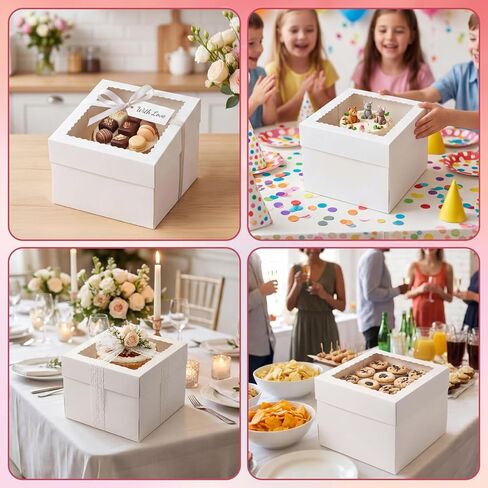 CRUGLA 15 Pack 10x10x8 Cake Boxes with Cake Boards, White Bakery Window Boxes, Tall Dessert Carrier for Birthdays, Weddings & Bake Sales in Kuwait