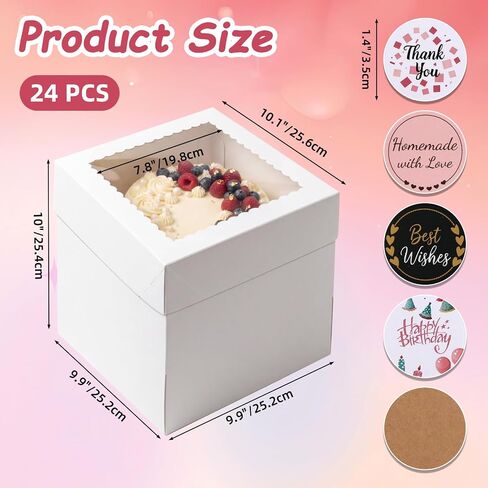 CRUGLA 24 Pack 10x10x10 Cake Boxes, White Bakery Window Boxes, Tall Dessert Carrier for Birthdays, Weddings & Bake Sales in Kuwait