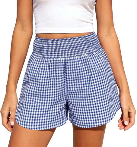 Women's Boxer Shorts Summer Gingham Plaid Striped Pajama Lounge Shorts with Pockets Trendy Cute Beach Bottoms in Kuwait