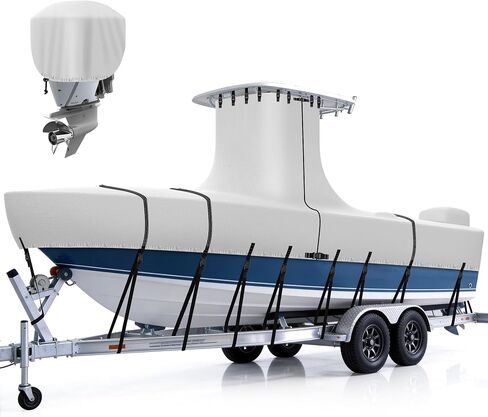 1200D T-Top Boat Cover with Motor Cover, Trailerable UV Resistant Heavy-Duty Waterproof Marine Grade Polyester for Center Console Boats with T-Top, 22'-24' Long Beam Width up to 116", Gray in Kuwait