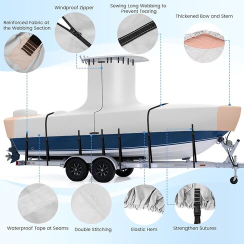 1200D T-Top Boat Cover with Motor Cover, Trailerable UV Resistant Heavy-Duty Waterproof Marine Grade Polyester for Center Console Boats with T-Top, 22'-24' Long Beam Width up to 116", Gray in Kuwait