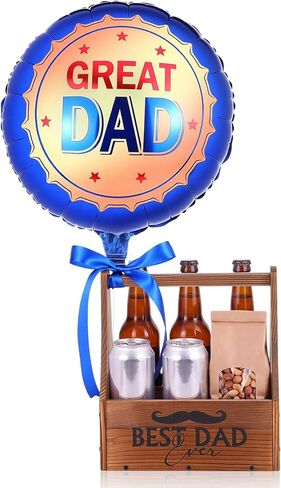 Dad Gift Set for Father's Day, Wooden Beer Caddy with 18" Bottle Cap Foil Balloon and Blue Ribbon, Fillable DIY Beer Gift Basket for Men, Grandpa, Husband in Kuwait