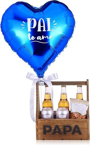 Dad Gift Set for Father's Day, Wooden Beer Caddy with 18" Bottle Cap Foil Balloon and Blue Ribbon, Fillable DIY Beer Gift Basket for Men, Grandpa, Husband in Kuwait