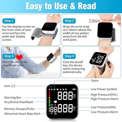 Wrist Blood Pressure Monitor, 2026 Upgrade Digital Wrist Blood Pressure Monitor with 90X2 Readings Memory, Pulse Rate Monitoring, Large LCD Screen, Automatic Wrist Pressure Monitor for Home Use in Saudi Arabia