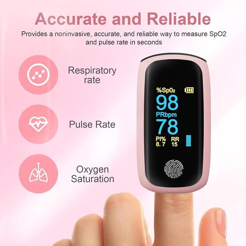 Pink Pulse Oximeter, Rechargeable oximeter with Respiratory, Respiration Rate Monitor, SpO2 PI Monitoring Devices, oxygen monitor fingertip for Sports Aviation Use Only Pink in Kuwait