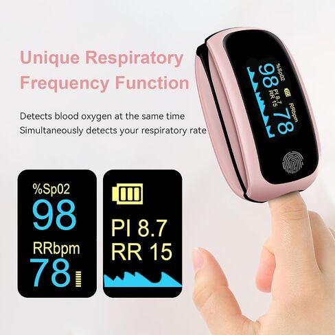 Pink Pulse Oximeter, Rechargeable oximeter with Respiratory, Respiration Rate Monitor, SpO2 PI Monitoring Devices, oxygen monitor fingertip for Sports Aviation Use Only Pink in Kuwait