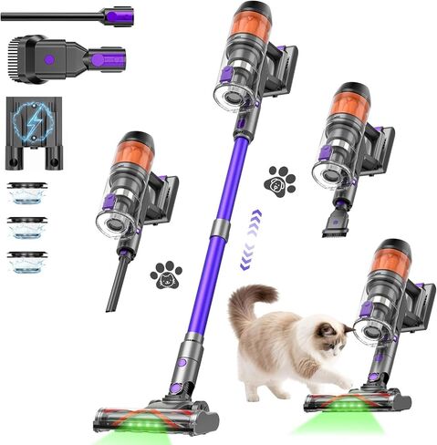Cordless Vacuum Cleaner, 500W 40KPa 60Mins Vacuum Cleaners for Home, Powerful Stick Vacuum With Green Light, Anti-tangle Wireless Vacumm, Rechargeable Vacuum for Pet Hair/Carpet/Hardwood Floor, Purple in Kuwait